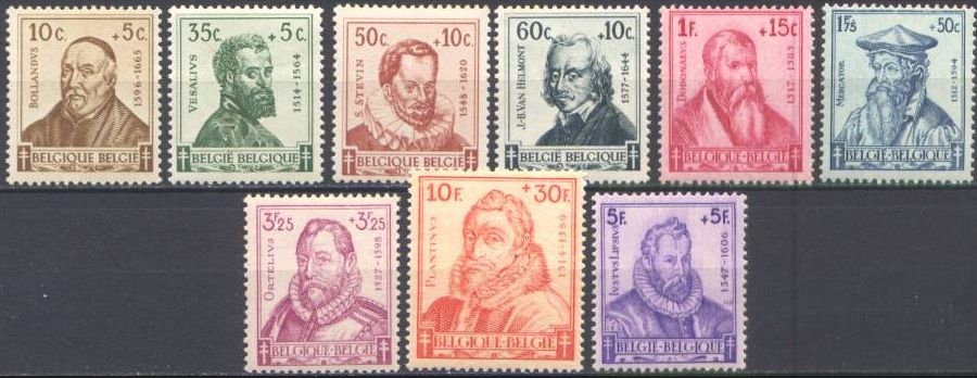 Belgica 1942 Scott B320/7 Sellos ** Portraits Characters Timbres Personnages Andreas Vesalius, Simon Stevinus, Jean Van Helmont, Rembert Dodoens, Gerardus Mercator, Abraham Ortelius, Justus Lipsius y Christophe Plantin Yv 593/601